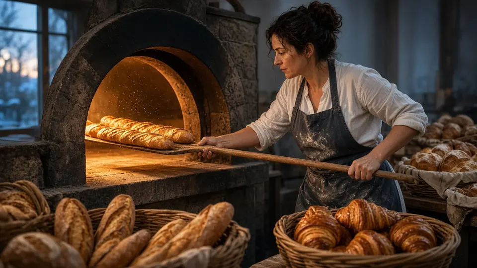 Boulangère enfournant des baguettes dans un four à bois