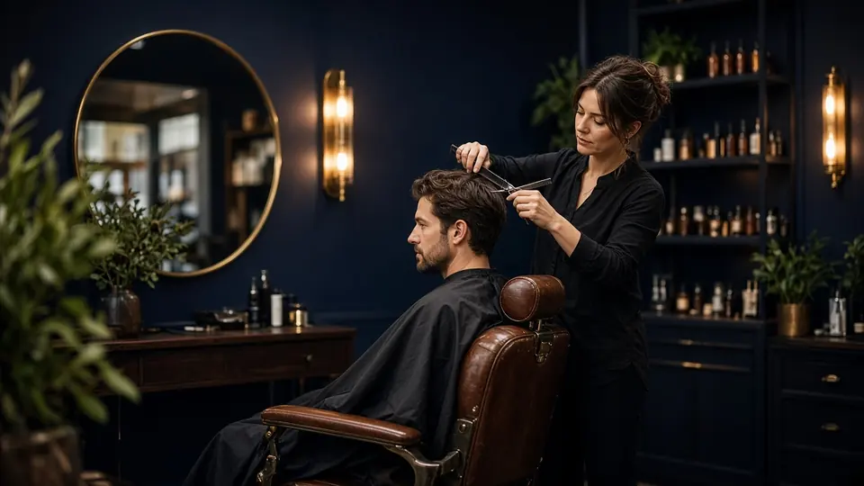 Coiffeuse coupant les cheveux d'un client dans son salon
