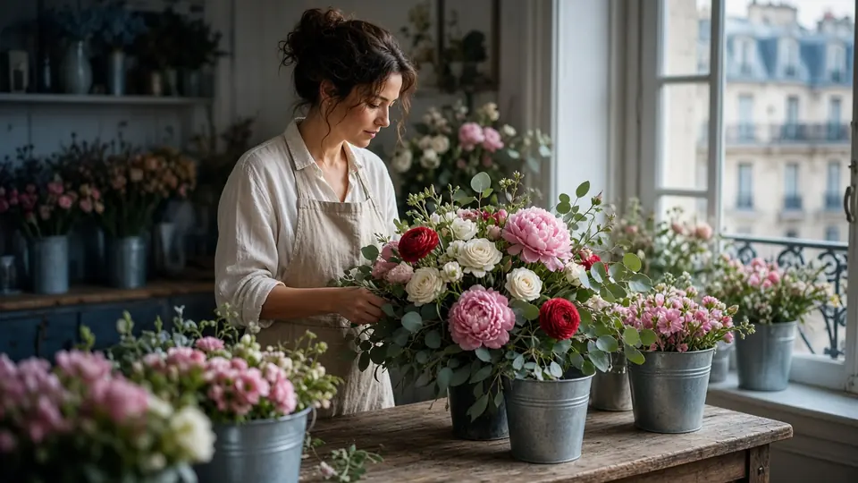 Fleuriste composant un bouquet dans sa boutique
