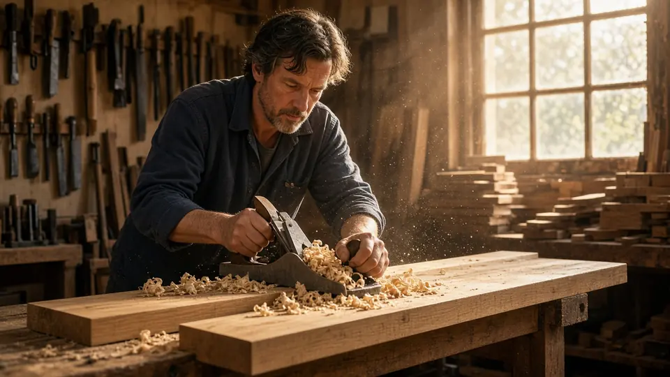 Menuisier rabotant une planche de chêne dans son atelier