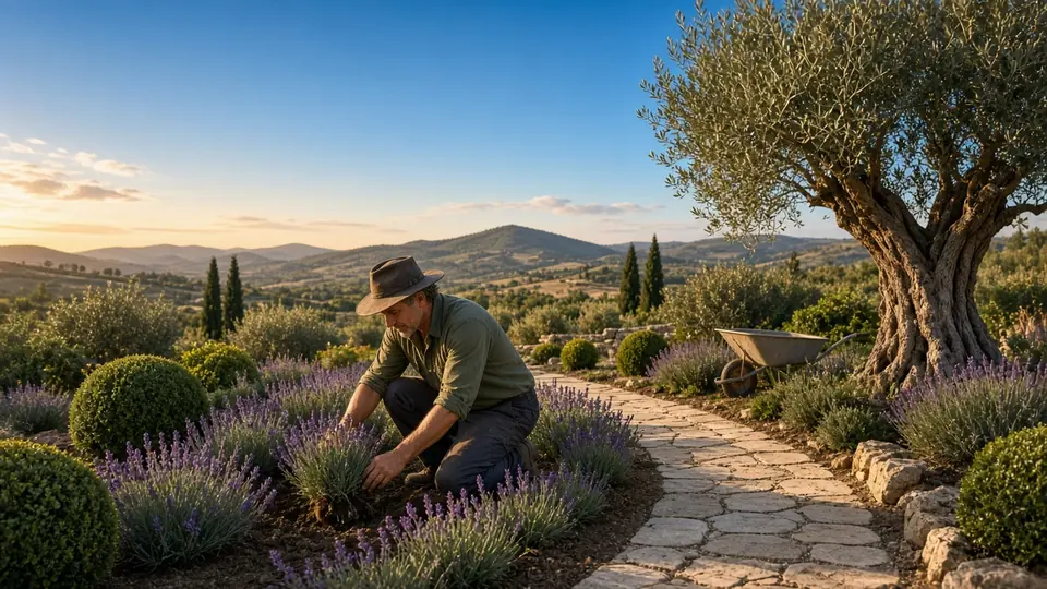 Paysagiste plantant de la lavande le long d'une allée en pierre